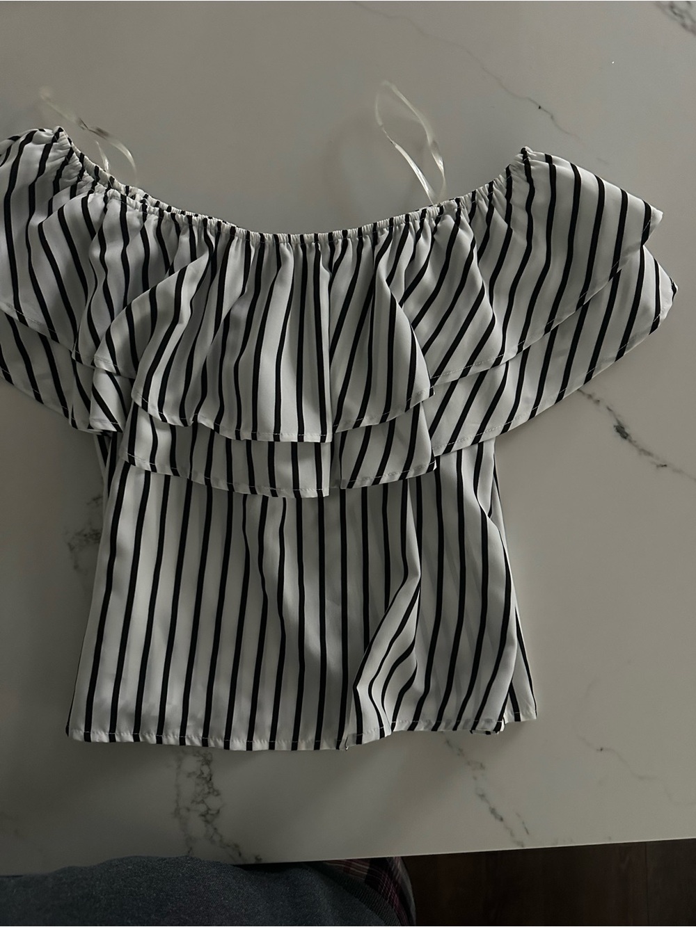 Active USA Black & White Striped Off-Shoulder Ruffle Crop Top